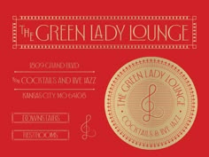 the green lady lounge logo on a red background with gold lettering and an image of a tre