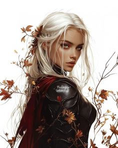 a woman with white hair wearing a black leather outfit and red cape, surrounded by leaves