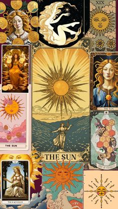 the sun tarot card is surrounded by images of women, men and animals in different colors