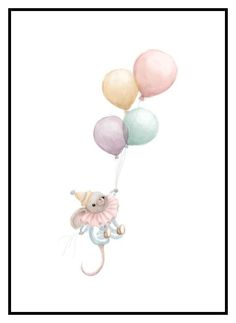 a drawing of a mouse flying with balloons