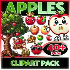 the apple clipart pack includes apples, apples and an apple tree with many different faces