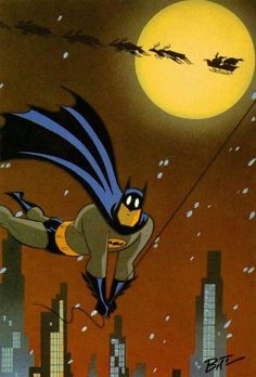 batman flying through the air in front of a full moon and cityscape with santa's sleigh