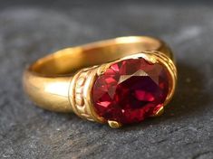 Buy Gold Ruby Ring Antique Ring Created Ruby Gold Plated Ring Online in India - Etsy Red Stone Ring For Men, Wide Gold Band, Ruby Ring Set, Stone Rings For Men, Gold Ruby Ring, Red Gemstone Ring, Earrings Matching, Ruby Ring Gold, Red Stone Ring