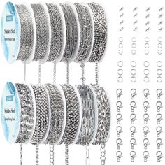 PRICES MAY VARY. Package Includes: 95.1 feet 12 rolls stainless steel necklace chains, with 100pcs 5mm stainless steel jump rings,100pcs 6mm stainless steel jump rings,30pcs stainless steel lobster clasps for decorative chain jewelry making. Complete accessories kit can make many beautiful jewelry chains 12 Different Types: The selection of different styles is very suitable for DIY gift projects such as necklace chains, tassel chain pendants, earrings chains, bracelets chains, body chain jewelry Diy Projects Gifts, Jewelry Chains, Stainless Bracelet, Wholesale Silver Jewelry, Body Chain Jewelry, How To Make Earrings, Stainless Steel Necklace, Bracelet Jewelry, Steel Jewelry