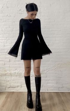 - link not found Winter Night Out Dress, Edgy Sweater Dress Outfit, Black Dress Outfit Edgy, Cottagecore Club Outfit, 1975 Concert Outfit Plus Size, Emo Outfits For Concerts, Fancy Edgy Outfits, Cute Going Out Outfits Night Winter, Flare Sleeves Dress