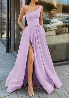 A Line One Shoulder Sleeveless Long Floor Length Satin Prom Dress Outfits For Women With Ruffles Split Champagne Satin Prom Dress, Vestido Color Lila, Satin Prom Dress Long, 2021 Prom Dresses, Formal Dresses Graduation, Prom Dresses With Pockets, Satin Evening Dresses, Club Party Dresses, Custom Size Dresses