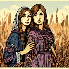 two women standing next to each other in front of some tall grass and wheat stalks