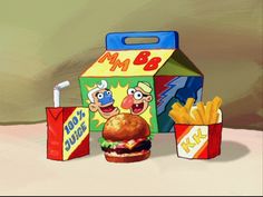 an animated image of a hamburger, fries and a box of macaroni and cheese