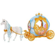 a toy horse pulling a blue and gold carriage with princess's crown on it