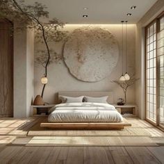 a bedroom with wooden floors and a large round painting on the wall above the bed