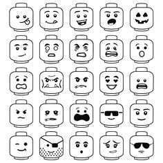 cartoon faces drawn in black and white with different expressions on the face, including eyes, mouths