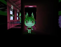 a green and black animated character in a dark room with red light coming from the ceiling