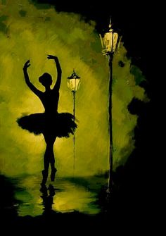 a painting of a ballerina in front of a street light and lamp post at night