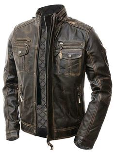 Casual Distressed Brown Biker Jacket, Man Cafe, Brown Leather Jacket Men, Cafe Racer Leather Jacket, Brown Cafe, Vintage Cafe Racer, Black Leather Motorcycle Jacket, Distressed Leather Jacket, Cafe Racer Jacket