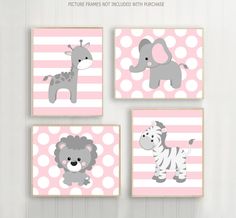 four pink and gray nursery wall art prints with zebra, giraffe, elephant