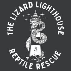 the lizard lighthouse reptile rescue logo on a black shirt with white lettering and a snake