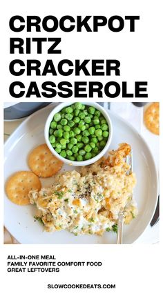 a white plate topped with peas and crackers next to a bowl of cheesecakes