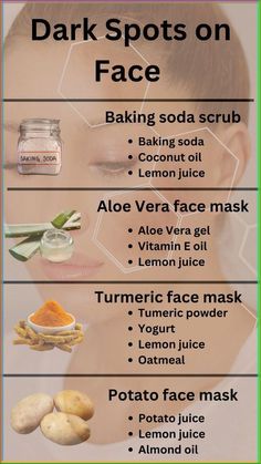 Combat dark spots naturally with these simple DIY remedies. Use a baking soda scrub made from baking soda, coconut oil, and lemon juice to exfoliate and brighten your skin. Apply an aloe vera face mask combining aloe vera gel, vitamin E oil, and lemon juice for soothing hydration. A turmeric face mask of turmeric powder, yogurt, and lemon juice can help reduce pigmentation, while a potato face mask made with potato juice, lemon juice, and almond oil may lighten dark spots over time. Turmeric For Acne Remedies, Diy For Dark Spots On Face, Natural Remedies For Dark Spots On Face, How To Lighten Dark Spots On Face, Dead Skin Removal Face, Dark Spots On Face Remedies, Potato Juice For Skin, Skin Care For Dark Spots