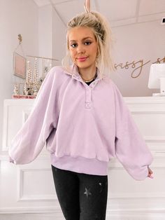 Lilac Brynn Pullover Top  | Sassy Shortcake | sassyshortcake.com Pink Fun Crew Neck Top, Purple Preppy Tops, Cute Sweatshirt Purple, Trendy Pink Crew Neck Sweatshirt, Lilac Sweatshirt, Fall Streetwear, Preppy Sweater, Button Sweater, Loose Pullover