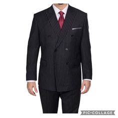 Steve Harvey Reserve Black Pinstripe Suit In 40l. This Suit Was Worn Once And Dry Cleaned, It Is In Like New Condition. One Button On The Front Came Off, But That Button And An Extra Button Will Be Included With The Suit And Can Easily Be Sewn Back On. This Is A Great Classic Suit. Feel Free To Make An Offer! Striped Fitted Double Breasted Suit For Work, Fitted Striped Double Breasted Suit For Semi-formal Occasions, Semi-formal Striped Double Breasted Suit, Striped Double Breasted Suit For Business Casual, Fitted Pinstripe Double Breasted Suit For Business Casual, Fitted Striped Double Breasted Suit With Suit Collar, Fitted Business Suits With Vertical Stripes, Fitted Suits With Vertical Stripes For Business, Formal Fitted Suits With Vertical Stripes