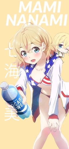 an anime character holding a soda bottle in one hand and wearing a bathing suit on the other