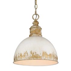 a white and gold colored light hanging from a metal chain on an isolated white background