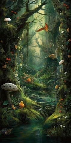 an image of a forest scene with mushrooms and other things in the woods, including trees