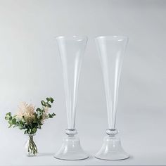 two clear vases sitting next to each other with flowers in them on a table