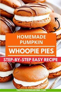 homemade pumpkin whoopie pies stacked on top of each other with text overlay