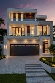 a large modern house with lots of windows and plants on the front lawn at dusk