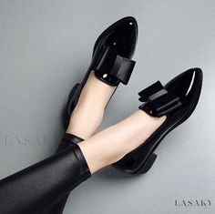 Lasaky - Elegant Low-Heeled Pumps with Bow Embellishments Leather Boat Shoes, Women's Slip On Shoes, Elegant Heels, Patent Shoes, Leather Flat Shoes, Bow Shoes, Black Loafers, Women Oxford Shoes, Dress Shoes Womens