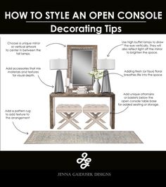 an open console table with three stools and a mirror on it, labeled how to style an open console