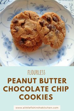 two peanut butter chocolate chip cookies on a blue and white plate with text overlay