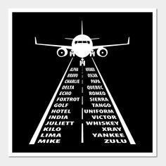 a black and white poster with an airplane on the runway in front of it's name