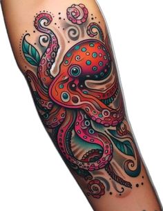 an octopus tattoo on the arm with flowers and swirls around its tentacles, which are painted in bright colors