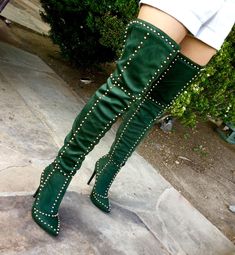 Green Thigh High Boots, Green High Heels, Pointy Toe Boots, Thigh High Heels, Basic Boots, Green Boots, Stunning Shoes, Toe Boots