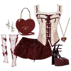 Casual Romantic Style Aesthetic, Valentine Themed Outfit, Valentines Outfits Coquette, Valentines Themed Outfit, Valentines Fits Aesthetic, Coquette Valentines Outfit, Cluttered Outfit, Modern Vampire Aesthetic Outfit, Red Clothing Aesthetic