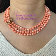 This beautiful 14k gold Vintage bead necklace shows off 3 full strands of natural Japanese Momo Coral polished rounds. Momo is quite rare now, as the source is not available anymore. The necklace is 17 inches long when worn, and has a beautiful 14k yellow gold clasp with 3 carved coral flowers. The coral is a light orange pink shade and has the signature white patches distinctive to Momo. Total Weight: 82 grams Length: 17 inches wearable length (3 strands of coral total 52 inches) 14k gold clasp Unique Coral Beaded Necklace With Round Beads, Coral Beads Necklace Kameswari Jewellers, Vintage Red Coral Round Bead Necklaces, Vintage Red Coral Necklace With Round Beads, Multi-strand Coral Beaded Necklace As Gift, Vintage Coral Round Bead Jewelry, Coral Jewelry Vintage, Red Tourmaline, Platinum Chain