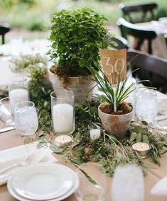 the table is set with white plates, candles and potted plants on top of it