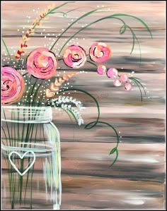 a painting of flowers in a vase on a wooden table with water droplets and hearts