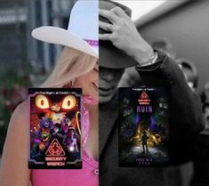 a man in a cowboy hat holding up two dvd's next to each other