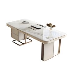 an office desk with a glass top and two drawers on one side, in front of a white background