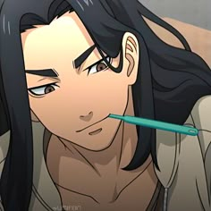 an anime character with long black hair holding a toothbrush in his mouth and looking at the camera