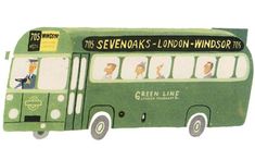 a green double decker bus with people on the front and side, painted to look like it's driving