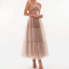 Worn Once! Beautiful Dress With Corset Top And Flowy Bottom. Very Flattering. The Dress Is A Light Pink/Beige Color. Classy Midi Dresses, Milla Dresses, Tulle Applique, Lavender Bridesmaid, Engagement Party Dresses, Strapless Party Dress, Dress With Corset, Velvet Cocktail Dress, Metallic Mini Dresses