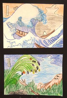 two drawings depicting different scenes from the same time as they were drawn in pencil and colored paper