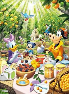 mickey mouse's tea party in the woods with other disney characters and their food