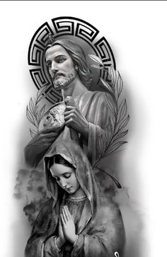 the virgin mary and jesus tattoo design is shown in black and white, with an artistic background