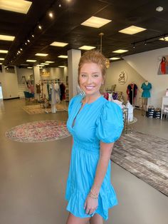 Fits true to size. Sami is wearing a medium! Blue Mid-length Dress For Day Out, Trendy Blue Midi Dress For Spring, Trendy Blue Knee-length Midi Dress, Chic Blue Mid-length Dress, Chic Mid-length Blue Dress, Trendy Blue Midi-length Dress, Trendy Blue Midi Length Dress, Trendy Blue Brunch Dresses, Trendy Blue Short Sleeve Dress