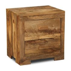 a wooden night stand with two drawers on one side and an open drawer on the other